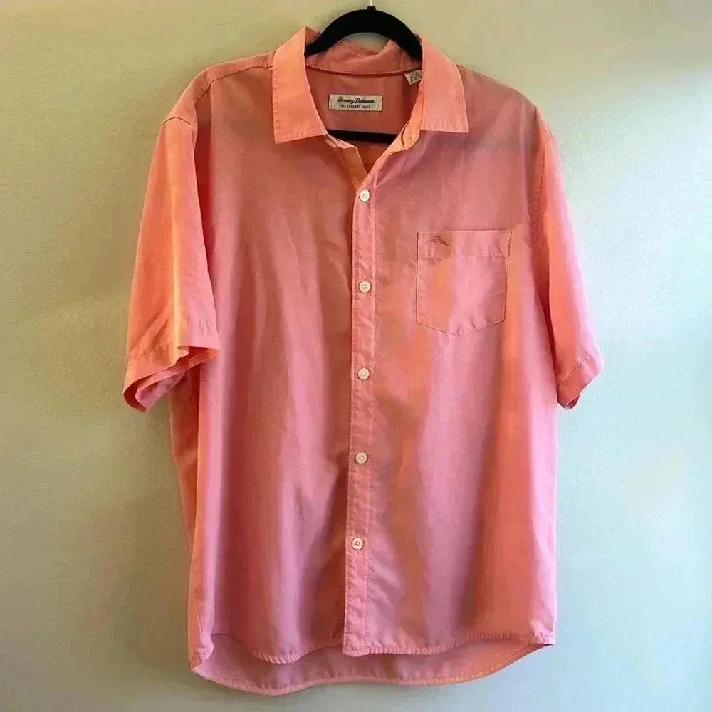 Men’s Tommy Bahama Pink Silk Tropical Button Down Short Sleeve Shirt Size L